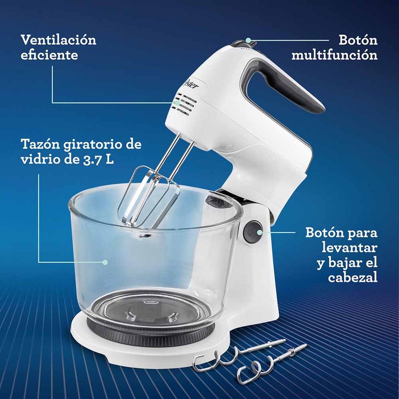 Oster Batidora de Mano y Pedestal con Tazon de Vidrio de 6 Velocidades Blanca FPSTHS3611