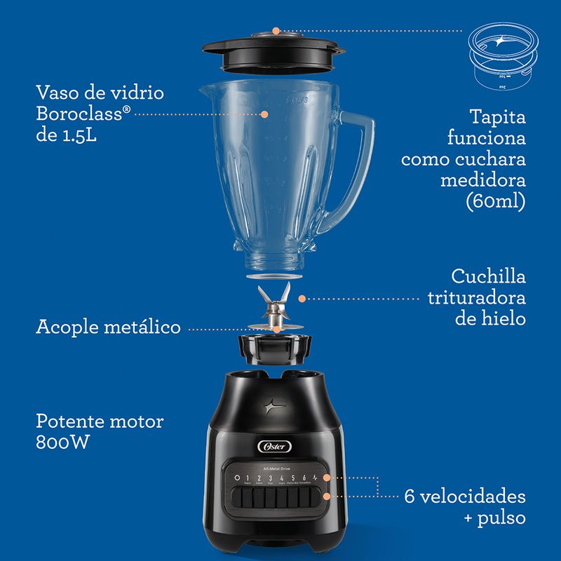 Oster Licuadora con Vaso de Vidrio Refractario Boroclass y 6 Velocidades mas Pulso Ideal para Recetas Frias y Calientes Negro BLSTPEGBPB