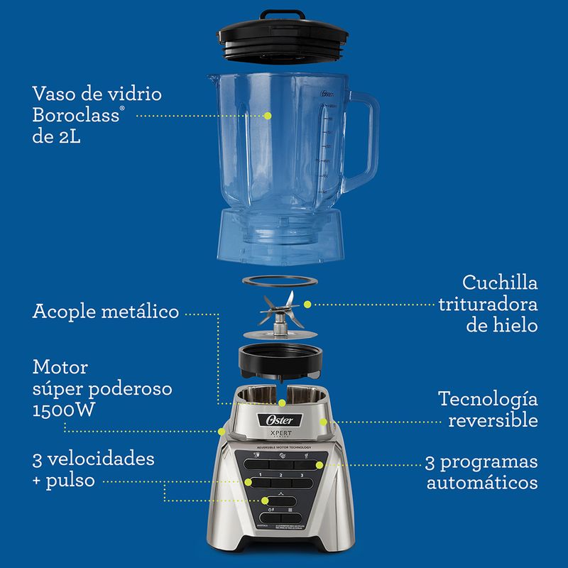 Oster Licuadora Xpert Series con Control de Textura y Vaso de Vidrio y un Blend N Go Plateada BLST3A CPG