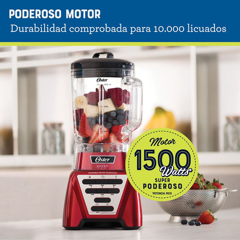 Oster Licuadora Xpert Series 1200 con 3 Programas Automaticos y Vaso de Vidrio Boroclass Capacidad de 2 Litros Rojo BLST3AR2G