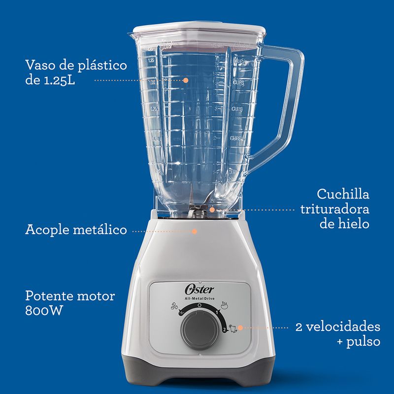 Oster Licuadora con Control de Perilla 2 Velocidades mas Pulso con Vaso de Plastico 800 W 1.25 Lt Blanco BLSTKAP WRD