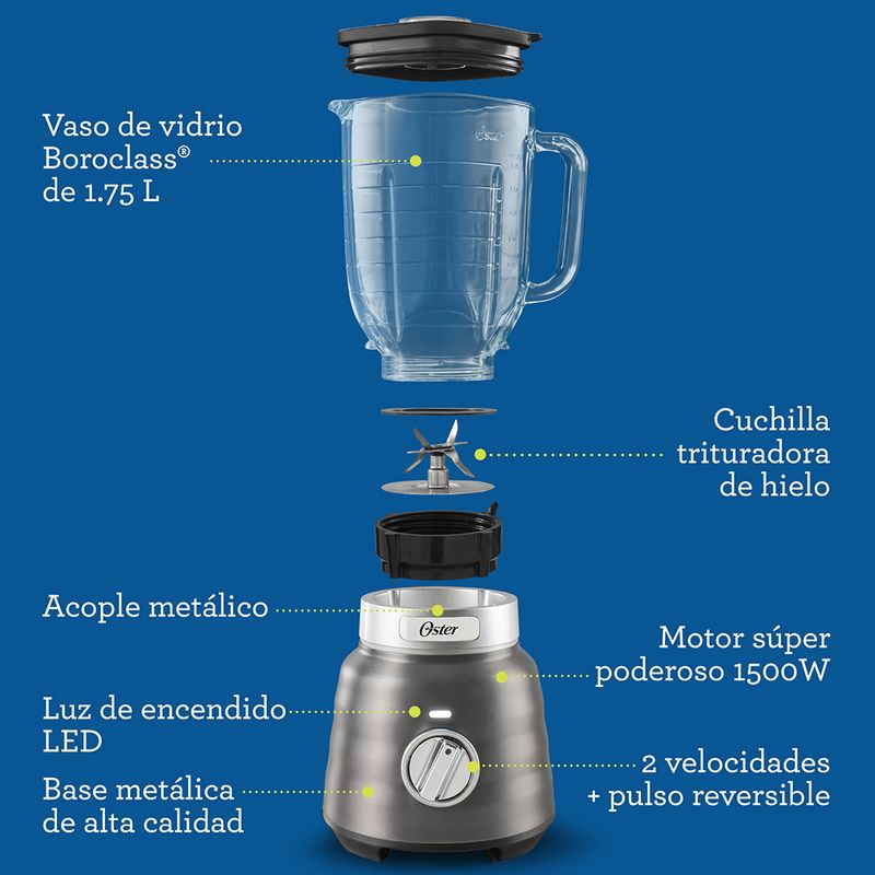 Oster Licuadora Osterizer Max con 2 Caballos de Fuerza Control de Perilla 2 Velocidades Vaso de Vidrio 1.75 Lt 1500 W Plateado BLSTPB RGR