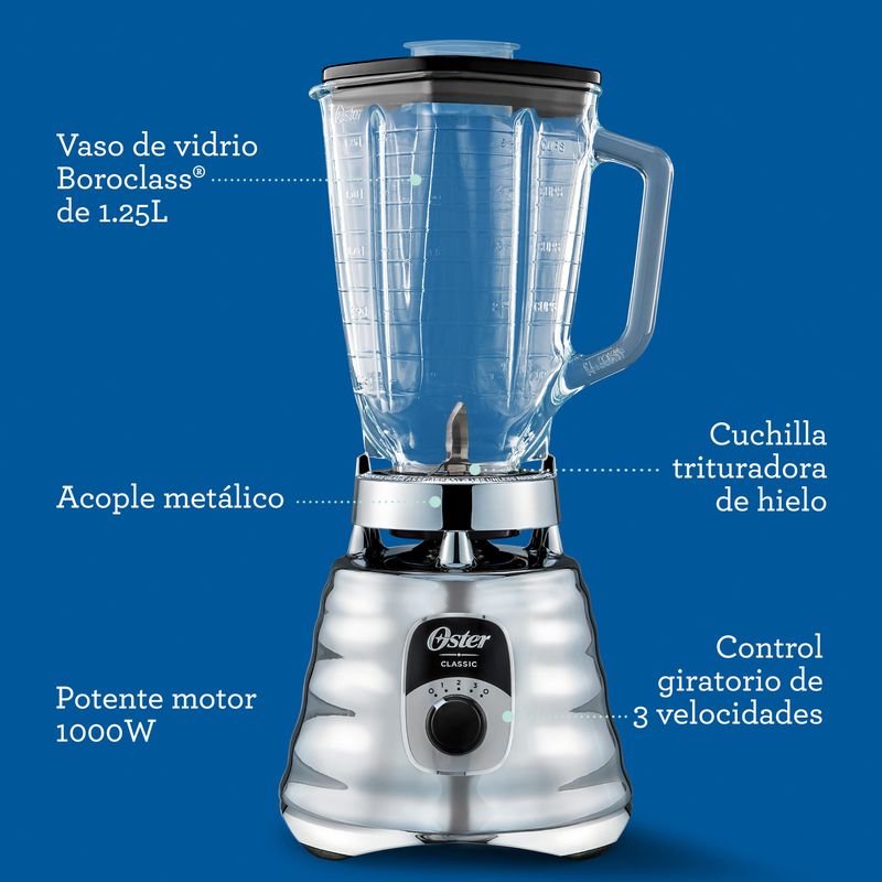 Licuadora Clasica Oster con Control de Perilla de 3 Velocidades 1.25 Lt 1000 W Cromada BLST4655